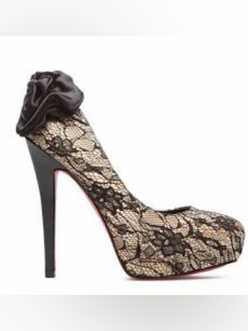 Shoe Dazzle Blanka Black Lace-Pump with Satin Rosette + signature pink bottom